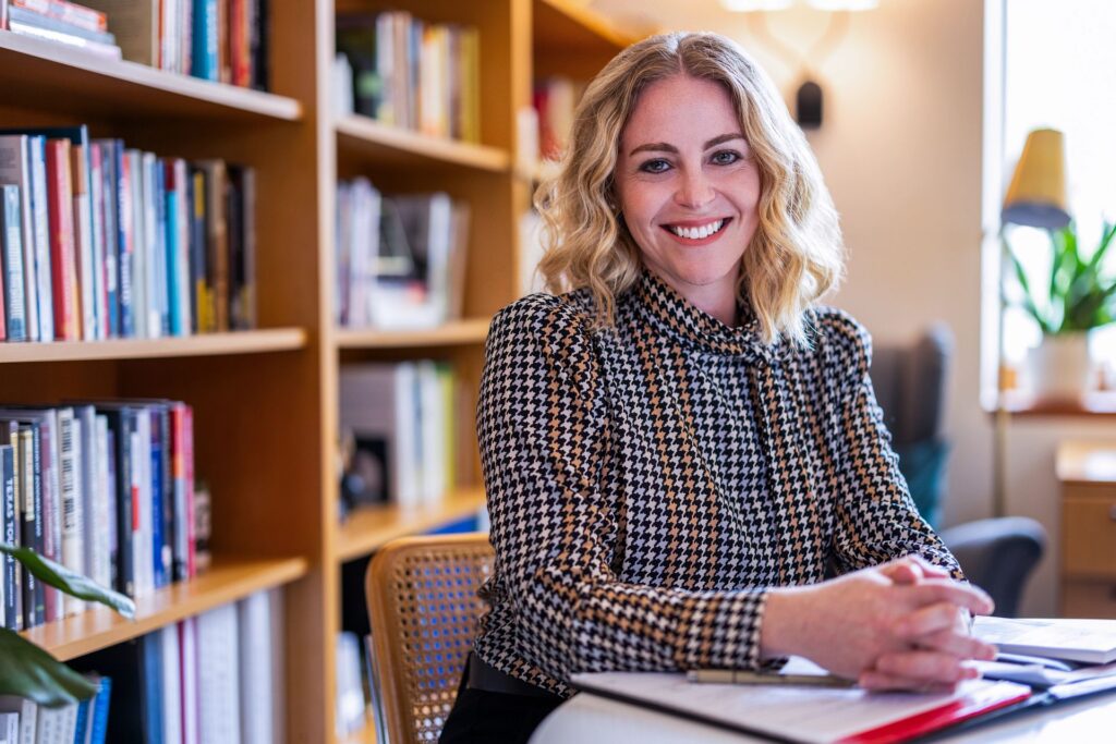 Caitlyn Collins, Associate Professor of Sociology, in her office in Seigle Hall on the Danforth Campus of Washington University in St. Louis