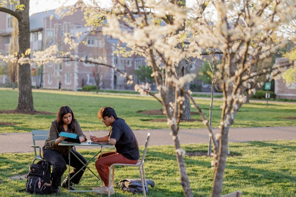 Two students sit at a table on the lawn of the Danforth Campus with white blooming trees around them