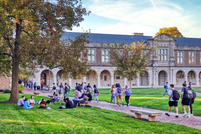 Students walk to class and hang out in the Quad on a fall afternoon